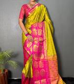 Light green pink blended cotton woven zari work saree with blouse