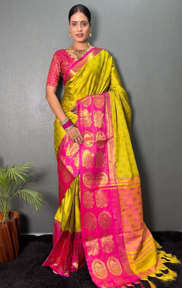 Light green pink blended cotton woven zari work saree with blouse