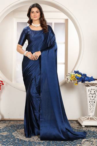 Dark blue satin woven zari work saree with blouse
