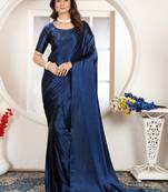 Dark blue satin woven zari work saree with blouse