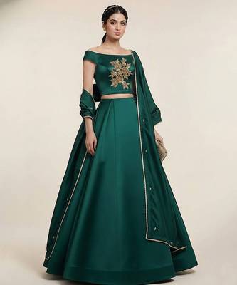 green embroidered satin lehenga set 1