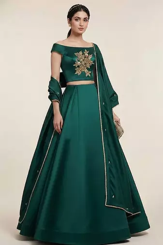green embroidered satin lehenga set