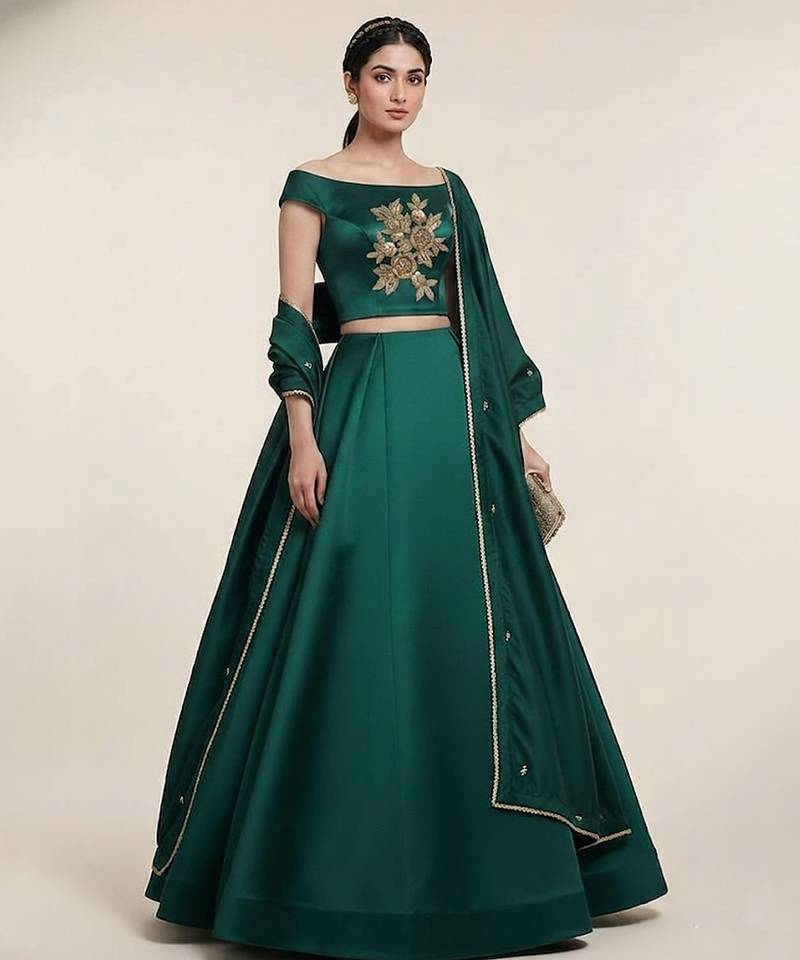 green embroidered satin lehenga set