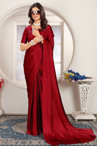 Maroon satin woven zari work saree with blouse
