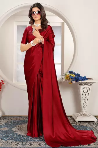 Maroon satin woven zari work saree with blouse