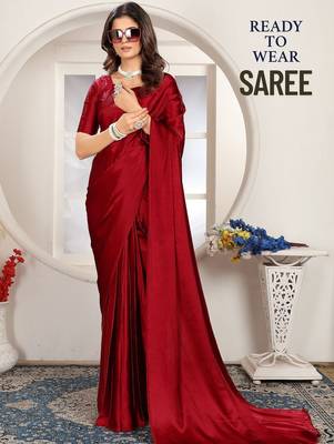 Maroon satin woven zari work saree with blouse 2