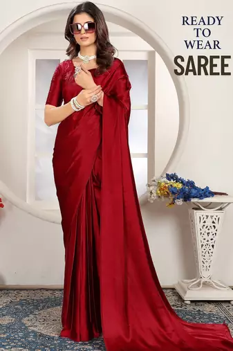 Maroon satin woven zari work saree with blouse