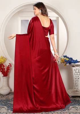 Maroon satin woven zari work saree with blouse 3