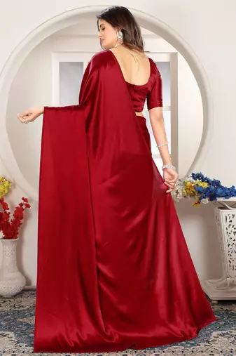 Maroon satin woven zari work saree with blouse