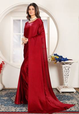 Maroon satin woven zari work saree with blouse 4