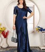 Dark blue satin woven zari work saree with blouse
