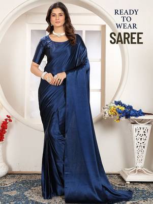 Dark blue satin woven zari work saree with blouse 2