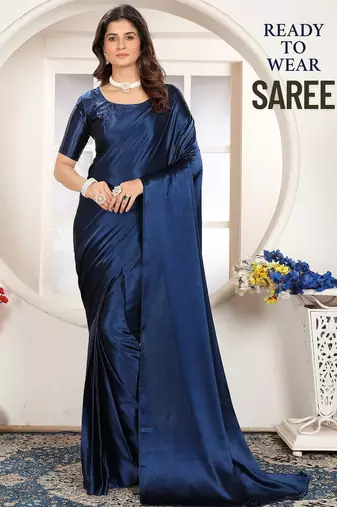 Dark blue satin woven zari work saree with blouse