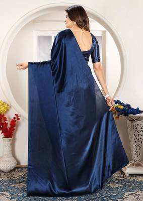 Dark blue satin woven zari work saree with blouse 3