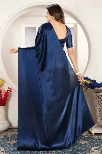 Dark blue satin woven zari work saree with blouse