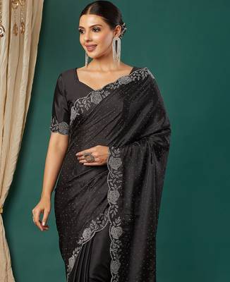 Black satin woven zari work saree with blouse 2