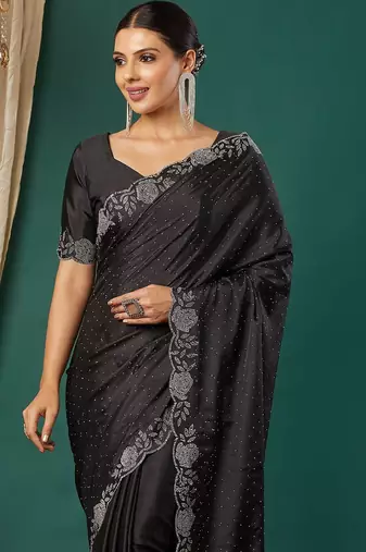 Black satin woven zari work saree with blouse
