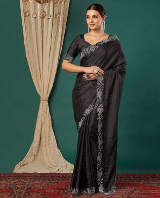 Black satin woven zari work saree with blouse 1