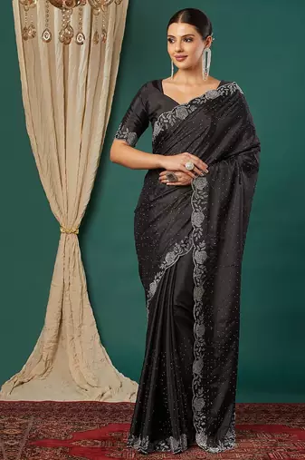 Black satin woven zari work saree with blouse
