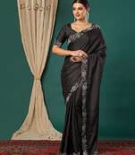 Black satin woven zari work saree with blouse