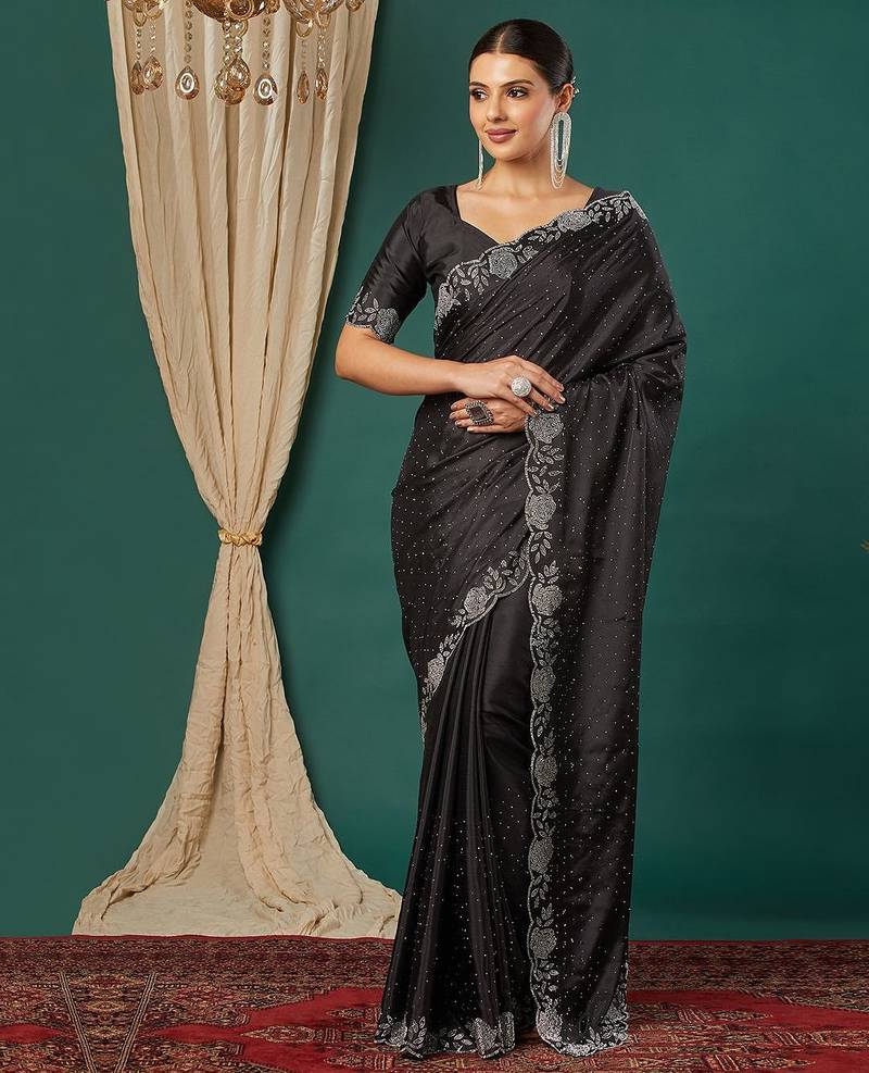 Black satin woven zari work saree with blouse