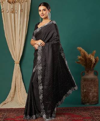 Black satin woven zari work saree with blouse 3