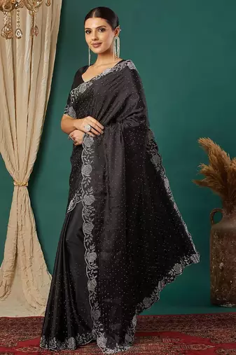 Black satin woven zari work saree with blouse
