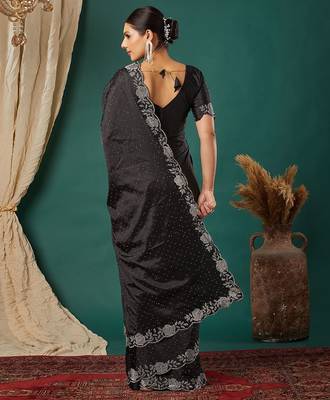 Black satin woven zari work saree with blouse 4