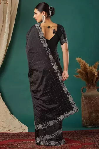 Black satin woven zari work saree with blouse