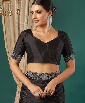 Black satin woven zari work saree with blouse 5
