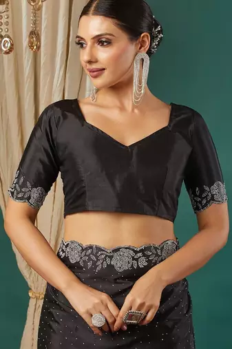 Black satin woven zari work saree with blouse