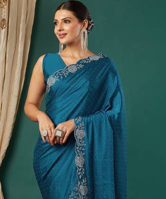 Light blue satin woven zari work saree with blouse 2