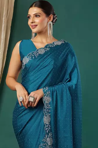 Light blue satin woven zari work saree with blouse