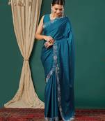 Light blue satin woven zari work saree with blouse