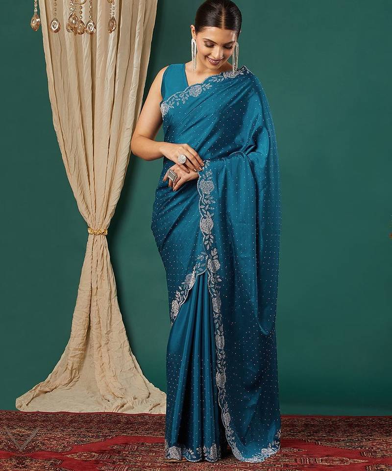 Light blue satin woven zari work saree with blouse