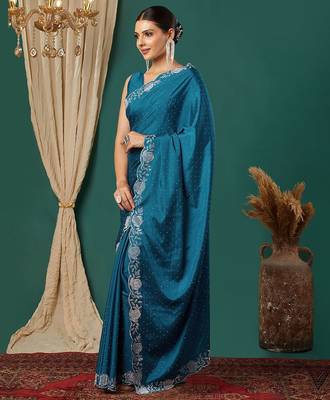 Light blue satin woven zari work saree with blouse 3