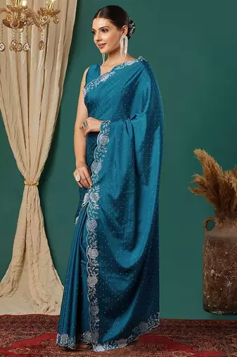Light blue satin woven zari work saree with blouse