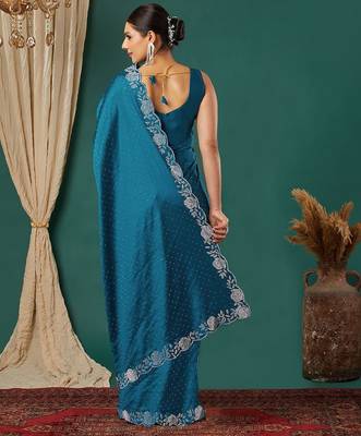 Light blue satin woven zari work saree with blouse 4