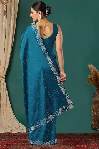 Light blue satin woven zari work saree with blouse