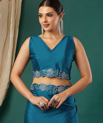 Light blue satin woven zari work saree with blouse 5