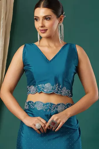 Light blue satin woven zari work saree with blouse