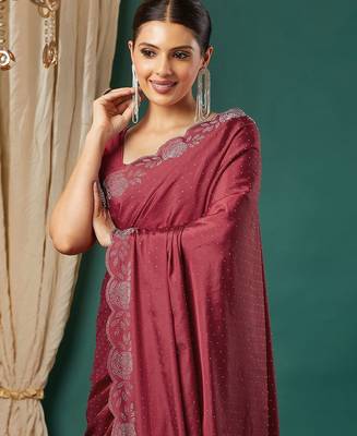 Maroon satin woven zari work saree with blouse 2
