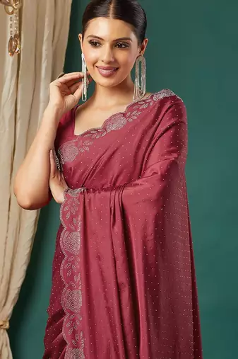 Maroon satin woven zari work saree with blouse