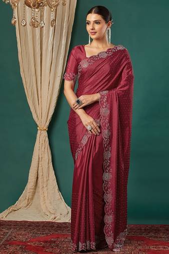Maroon satin woven zari work saree with blouse