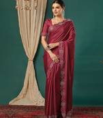 Maroon satin woven zari work saree with blouse