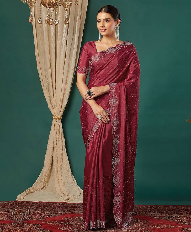 Maroon satin woven zari work saree with blouse