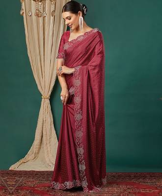 Maroon satin woven zari work saree with blouse 3