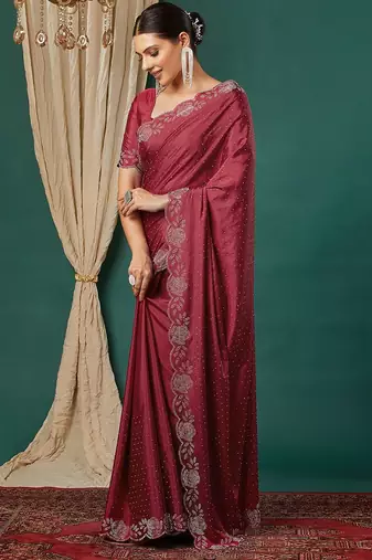 Maroon satin woven zari work saree with blouse