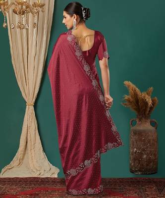 Maroon satin woven zari work saree with blouse 4