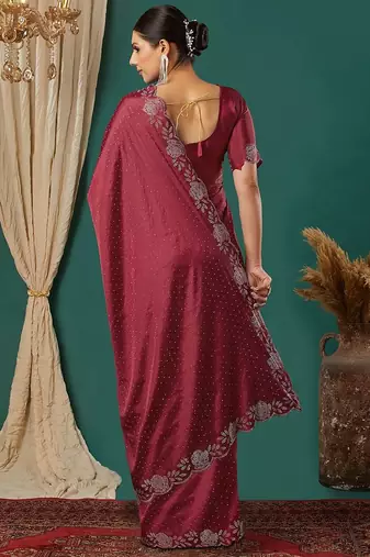 Maroon satin woven zari work saree with blouse